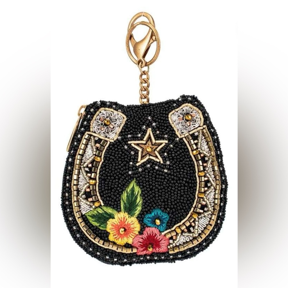 Mary Frances Beaded Horseshoe Bag Charm Keychain Coin Purse with Floral Design